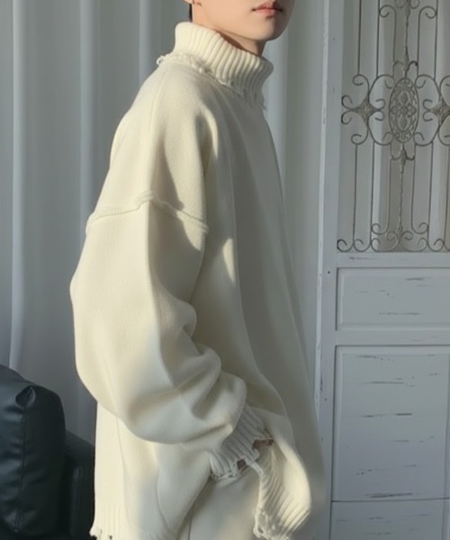 セーター ニット デストロイ加工ビッグシルエットタートルネックニット