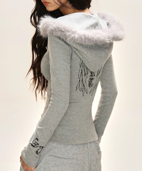 DIAVEL パーカー Y2K裏起毛エンジェルプリントフェイクファーフーディ