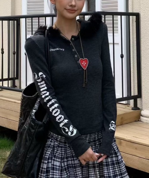 DIAVEL パーカー Y2K裏起毛エンジェルプリントフェイクファーフーディ