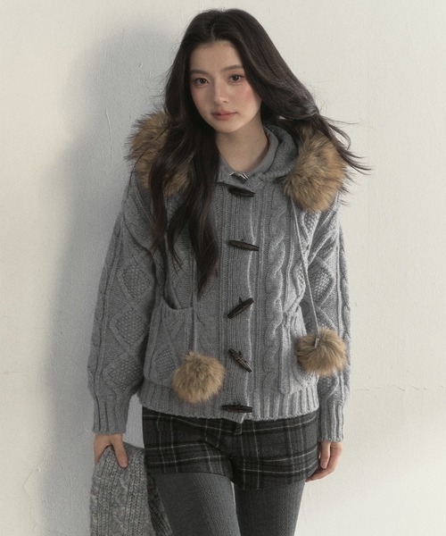 SunsetPark ニット セーター フェイクファーポンポン付 ケーブル編み