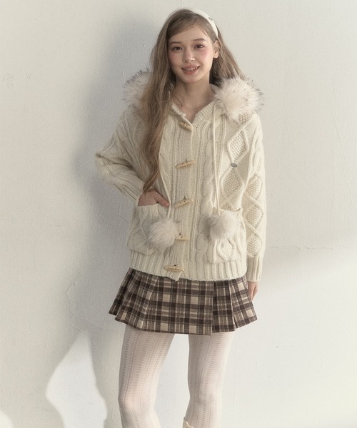 SunsetPark ニット セーター フェイクファーポンポン付 ケーブル編み