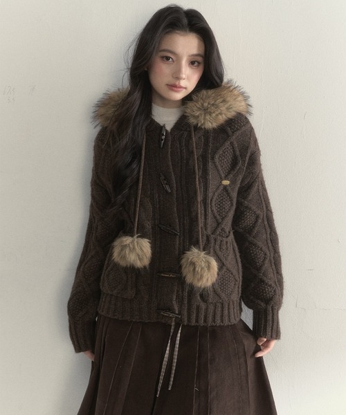SunsetPark ニット セーター フェイクファーポンポン付 ケーブル編み