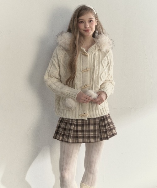 SunsetPark ニット セーター フェイクファーポンポン付 ケーブル編み