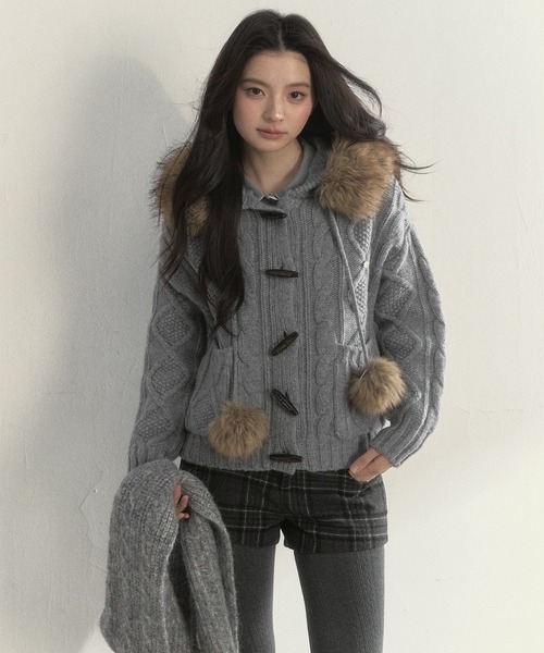 SunsetPark ニット セーター フェイクファーポンポン付 ケーブル編み