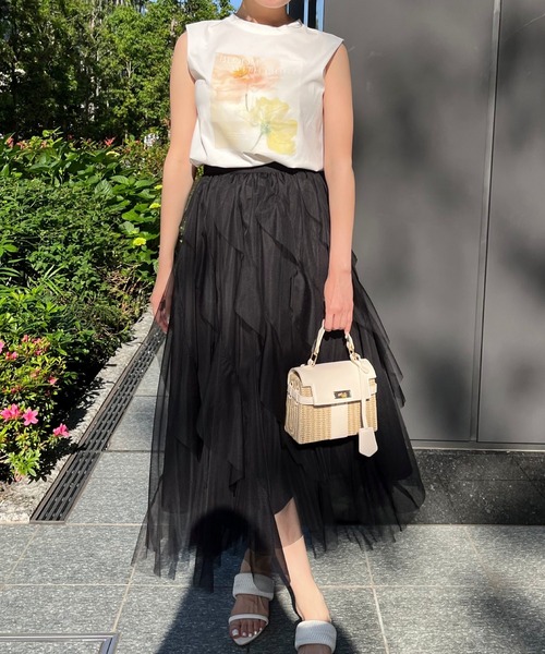 フリル付きブラックチュールスカート AND COUTURE（アンドクチュール） スカート ラッフルフリルチュール