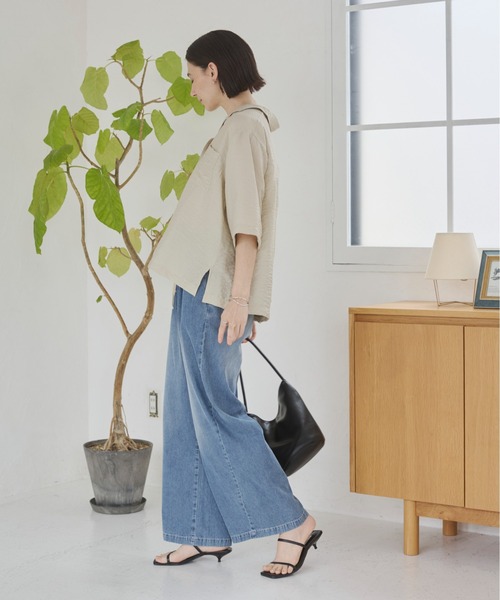 ANGIE ブラウス シャツ 夏 半袖 接触冷感 レーヨン混 オープンカラー