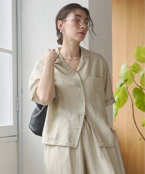 ANGIE ブラウス シャツ 夏 半袖 接触冷感 レーヨン混 オープンカラー 