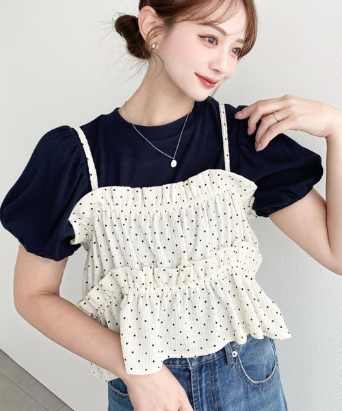moment+ tシャツ 半袖 ドットプリントビスチェセットパフスリーブリブ