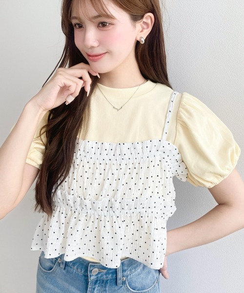 moment+ tシャツ 半袖 ドットプリントビスチェセットパフスリーブリブ