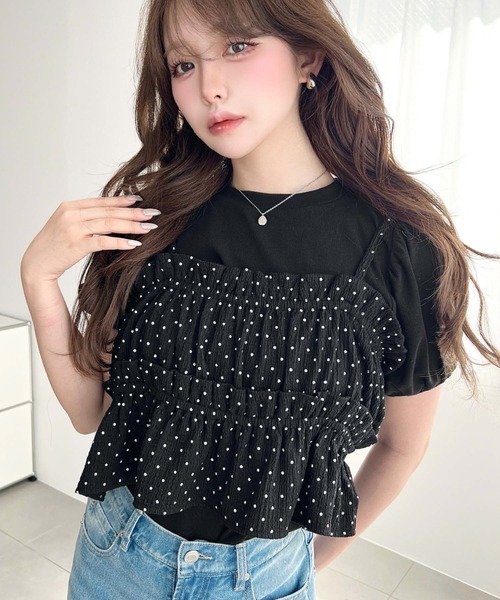moment+ tシャツ 半袖 ドットプリントビスチェセットパフスリーブリブ