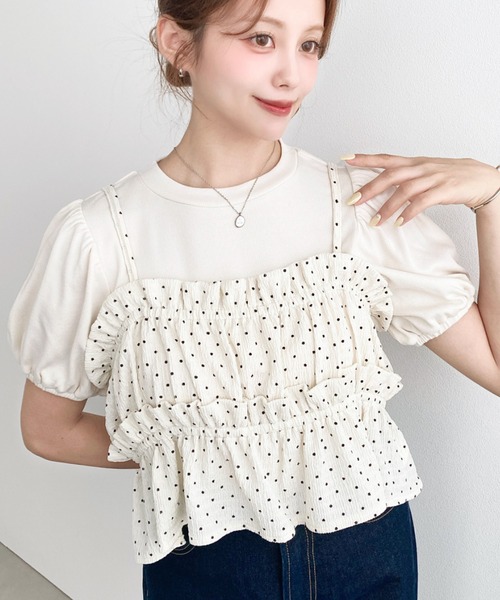 moment+ tシャツ 半袖 ドットプリントビスチェセットパフスリーブリブ