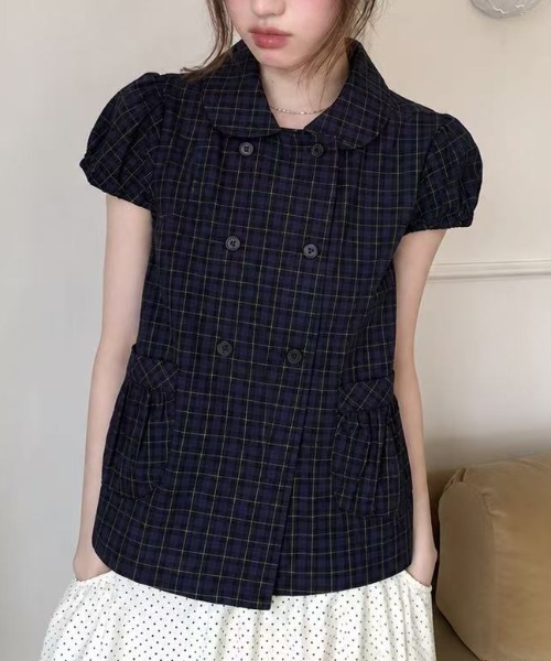 UNITED ARROWS チェック柄 ペプラムブラウス 半袖 Lis ardent ブラウス シャツ 半袖 チェック柄ダブルボタンペプラム