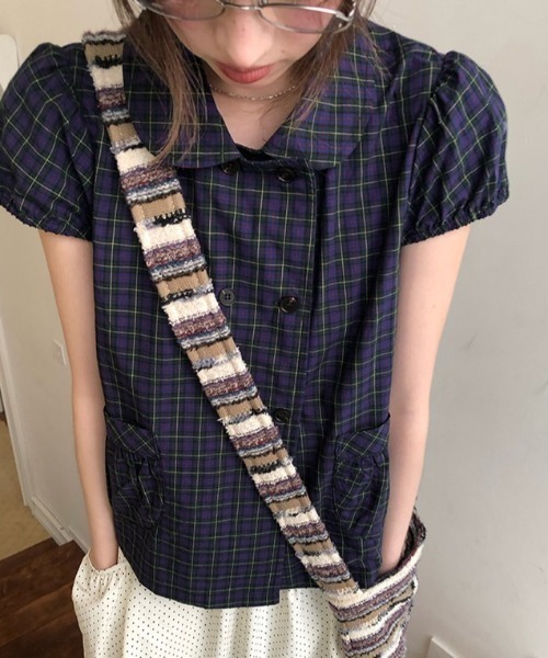 Lis ardent ブラウス シャツ 半袖 チェック柄ダブルボタンペプラム