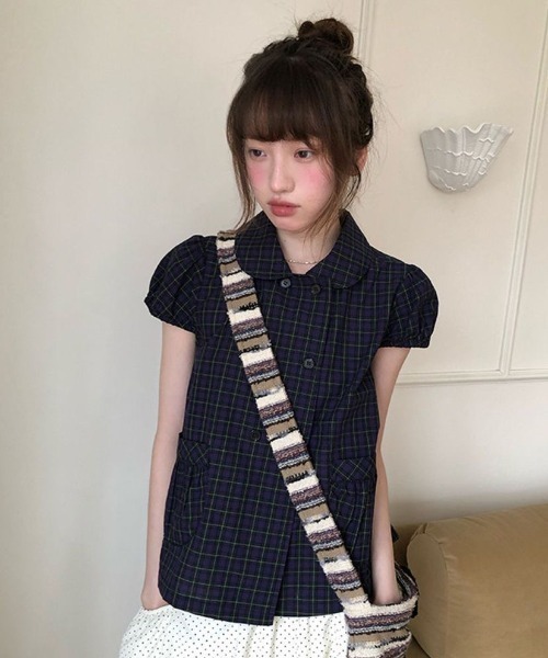 UNITED ARROWS チェック柄 ペプラムブラウス 半袖 Lis ardent ブラウス シャツ 半袖 チェック柄ダブルボタンペプラム
