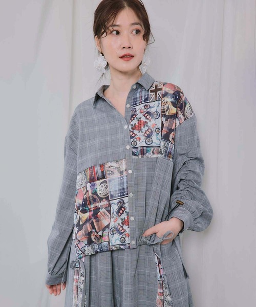 ブラウス シャツ 563208：チェック×コラージュ柄 ドロスト付きシャツ レディース