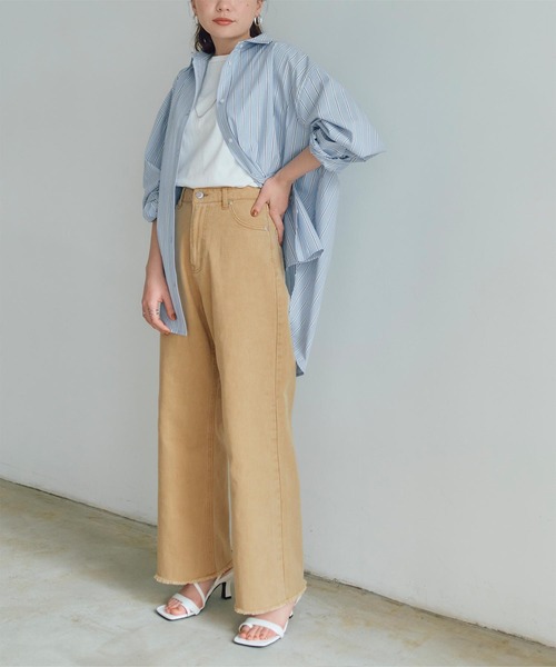 パンツ デニム ジーンズ 裾フリンジデニムワイドパンツ 贈る結婚祝い