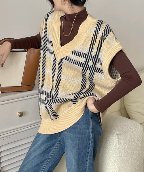 emi+ ニット レディース レディース Vネックランダムチェックニット