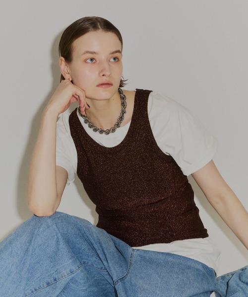 タンクトップ ノースリーブ Glitter tank top / カップ付き
