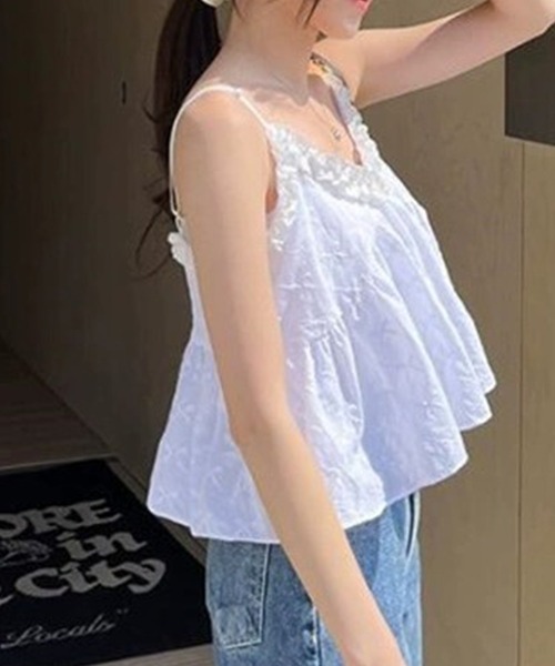 白キャミソール　リボン　フリル　USA製 バレエコア 古着 Ambre Neige キャミソール frill ribbon camisole / カップ付き