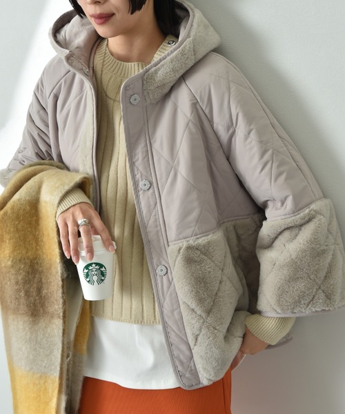INTERPLANET ファーコート INTERPLANET コート アウター タフタ＊フェイクファーキルト切替
