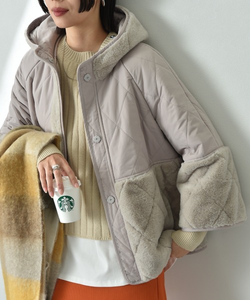 INTERPLANET コート アウター タフタ＊フェイクファーキルト切替フード