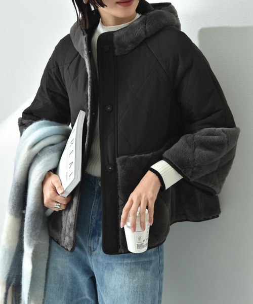 INTERPLANET ファーコート INTERPLANET コート アウター タフタ＊フェイクファーキルト切替