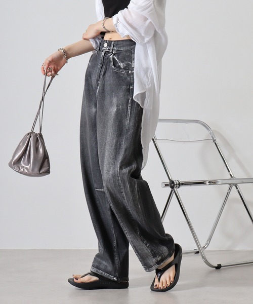パンツ デニム ジーンズ 箔加工デニムカーブパンツ レディース  