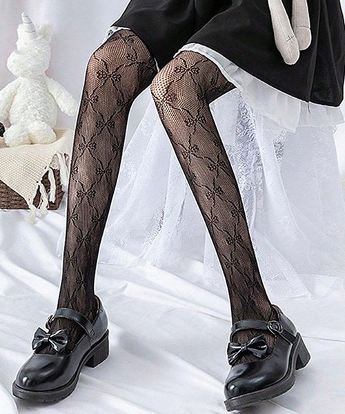 タイツ リボンモチーフ レース編みタイツ/バレエコア 韓国ガーリー