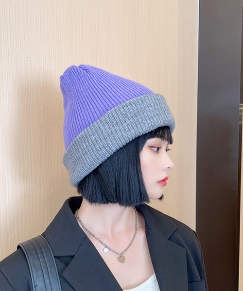 美品☆ニットキャップ　３点セット ニット帽 ニットキャップ 折り返し配色 ワンポイント レディース