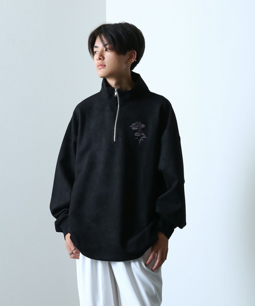 Nilway（ニルウェイ） tシャツ スエード ハーフジップ 長袖 薔薇 刺繍