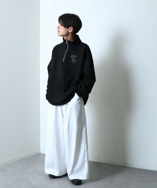 Nilway（ニルウェイ） tシャツ スエード ハーフジップ 長袖 薔薇 刺繍