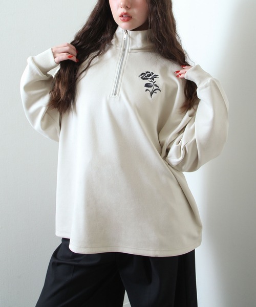 Nilway（ニルウェイ） tシャツ スエード ハーフジップ 長袖 薔薇 刺繍