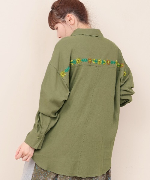 ブラウス シャツ リネン混フロル刺繍シャツ レディース