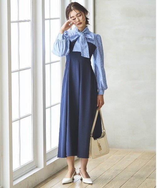 美品✨ アンドクチュール ヨーク 切替 ギンガム ボウタイ ロング ワンピース ヨーク切替ギンガムボウタイワンピース(505180203) | AND