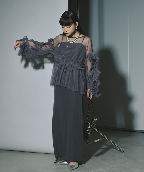 Ezick Lady set フリルチュールドレス S 結婚式 Ezick ドレス Elegant volume sleeves セットキャミドレス