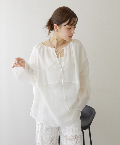 エストネーション　タフタテントラインチュニックブラウス　ホワイト　yori ブラウス シャツ 2way linen key neck tunic blouse /2way リネン