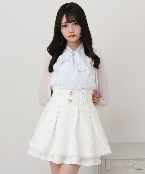 DearMyLove スカート レース重ねパールビジューフレアスカート