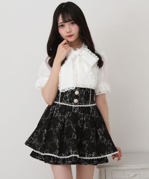 DearMyLove スカート 夏 レース重ねパールビジューフレアスカート