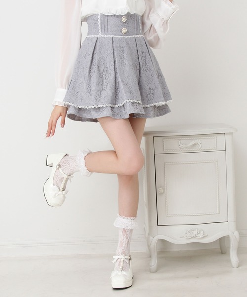 DearMyLove スカート レース重ねパールビジューフレアスカート
