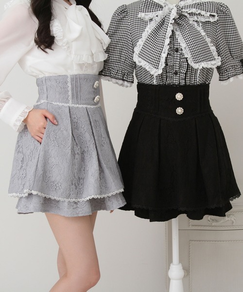 DearMyLove スカート レース重ねパールビジューフレアスカート