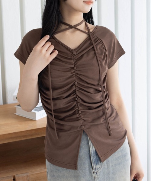 clear tシャツ ネックリボンフロントシャーリングカットソー