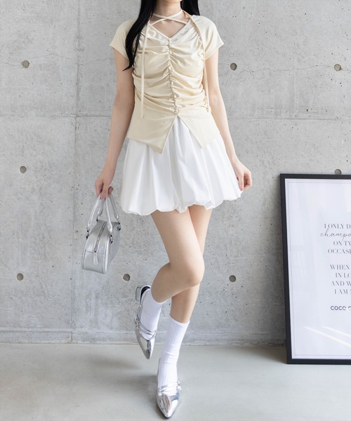 clear tシャツ ネックリボンフロントシャーリングカットソー