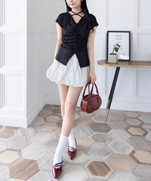 BABY チョーカー付シャーリングカットソー/オフ白 clear tシャツ ネックリボンフロントシャーリングカットソー