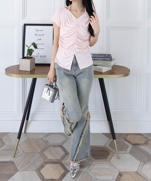 clear tシャツ ネックリボンフロントシャーリングカットソー