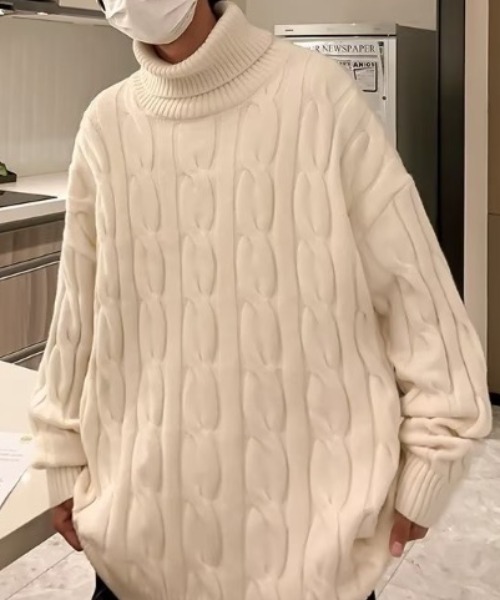 セーター ニット ビッグシルエットケーブルタートルネックニット