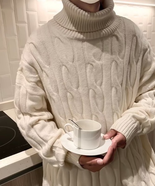 セーター ニット ビッグシルエットケーブルタートルネックニット