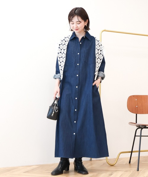 45R デニムシャツ ロング ワンピース／インディゴ／ユニセックス／日本製 45R デニムシャツ ロング ワンピース／インディゴ／ユニセックス／日本製