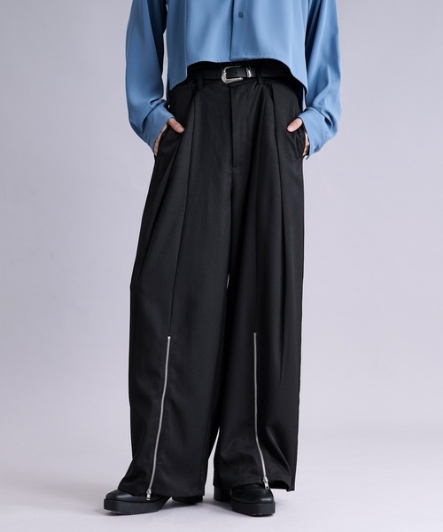 ユーロビンテージ メンズ スラックス 黒ワイドパンツ 2タック OPTIジップ Ellno Loset（エルノロゼット） ワイドパンツ スラックス フロント