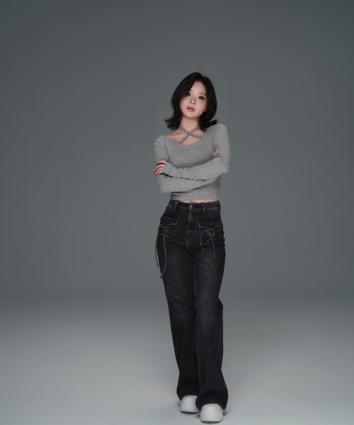 ANDWANG ジーンズ デニム デニムパンツ Bijou Ribbon Straight Denim