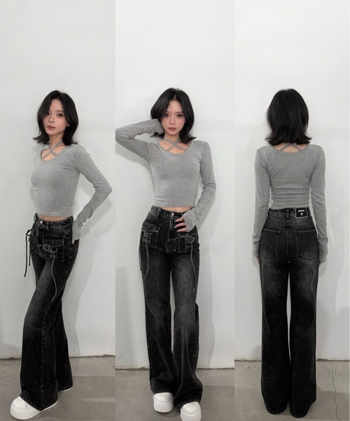 パンツ andwang Bijou Ribbon Straight Denim ANDWANG ジーンズ デニム デニムパンツ Bijou Ribbon Straight Denim